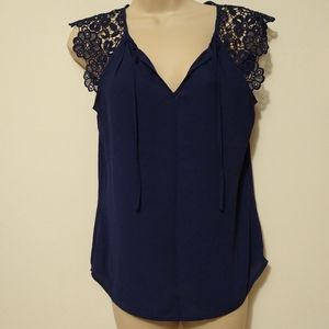 Express Navy Blue Blouse with Floral Lace Sleeves
